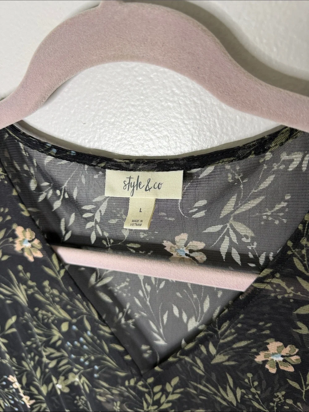 Style & Co Dark Gray Multicolored Floral V-Neck Drawstring Peplum Top Size Large